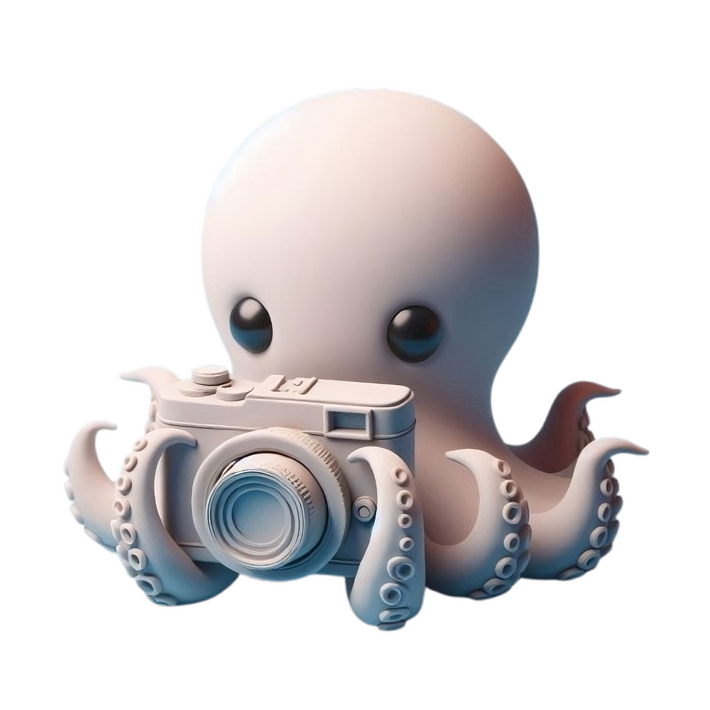 Image d'un poulpe blanc tenant un appareil photo